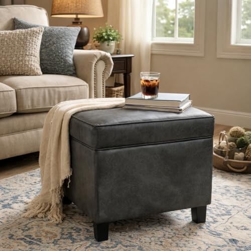 Image of HomePop Square Ottoman with Lift Off Top - Gray Faux Leather Small