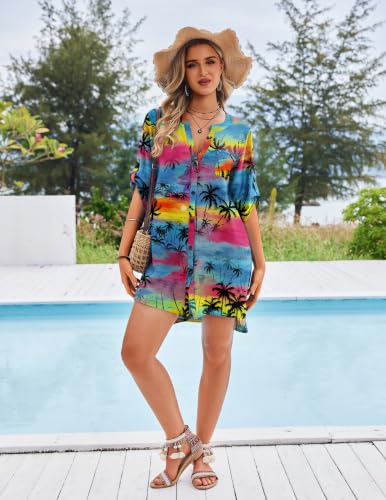 Image of Ekouaer Bathing Suit Cover Up for Women V Neck Button Down Swimsuit Coverup Beach Dress Shirt S-3XL