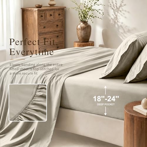 Image of MEISHANG 1000 Thread Count Cotton Sheets Queen Size - 100% Egyptian Cotton, Sateen Weave, Ultra Soft & Breathable Sateen, 16 inch Deep Pockets - 4 Piece (Queen, Khaki)
