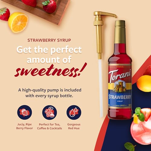 Image of Torani Strawberry Syrup for Drinks, Flavoring for Iced Tea, Lemonade, and Sodas, Pump Included, 25.4 Oz