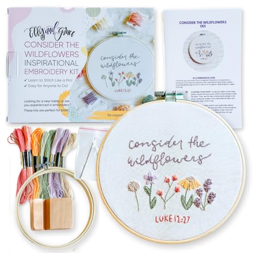 Image of Elly & Grace Christian Embroidery Kit with Embroidery Hoop, Easy Embroidery Kit for Beginners and Adults, Full Embroidery Hoop Kit with Needles and Thread Included (Wildflowers)