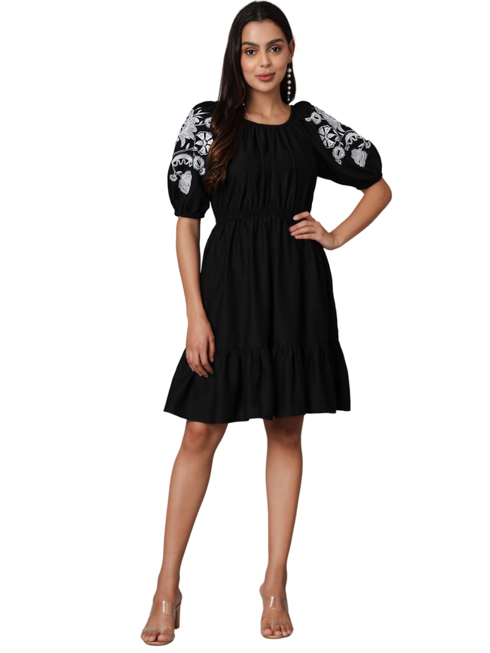 Women's Cotton Anarkali Midi Dress | Black-picture-50