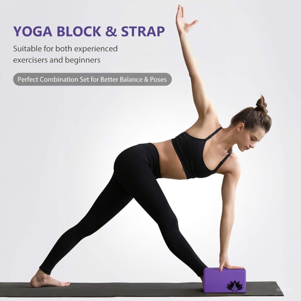 NETXE Yoga Block and Yoga Strap Set, High Density Foam Soft Non-Slip Yoga Blocks With 6FT Metal D-Ring And a beautiful logo that resembles yoga. 3