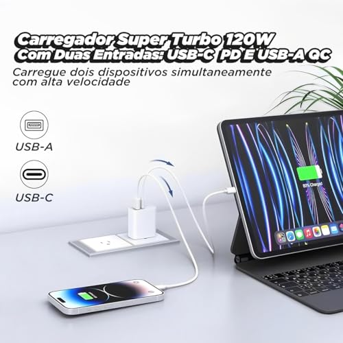 Kit Carregador Super Turbo 120W Porta Dupla (USB-C + USB-A) + Cabo USB Tipo C de 1m, Compatível com