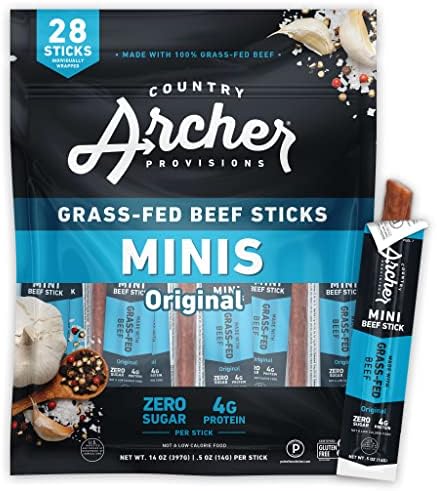 Original Mini Jerky Beef Sticks by Country Archer, 100% Grass-Fed, Gluten Free, High Protein Snacks, .5 Ounce, 28 Count