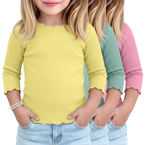 JoyMotion 3 Pack Toddler Girls Shirts 3/4 Sleeve Lettuce Trim Fitted T-Shirts Ribbed Knit Crew Neck Tops Casual Basic Tees(3T Yellow Macaron Green Macaron Pink)