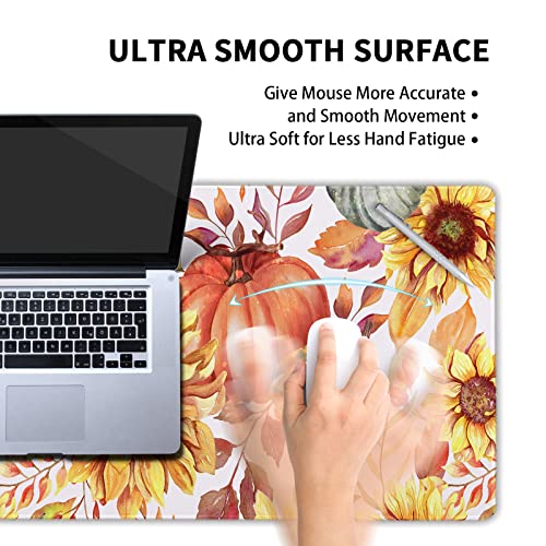 Image of Fall Pumpkin Sunflowers Mouse Pad XXL Watercolor Retro Autumn Leaves Floral Extended Desk Mat Non-Slip Rubber Base Stitched Edge Large Thanksgiving Mousepad for Gaming Laptop Computer 35.4x15.7 Inch