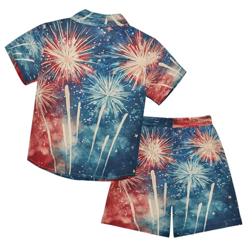 Boccsty Fireworks American Flag Boy Summer Shorts Sets Hawaiian Toddler Boys T-Shirt & Pants 2 Pcs 3T2