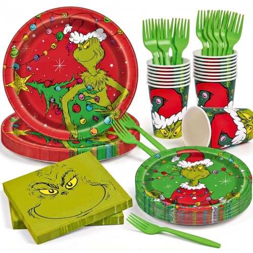 Grinch Birthday Party Decorations & Supplies - Plates, Napkins, Cups, Forks | Officially Licensed Grinch Christmas Party Tableware, Grinch Birthday Party Decorations, Paper Products Made in USA