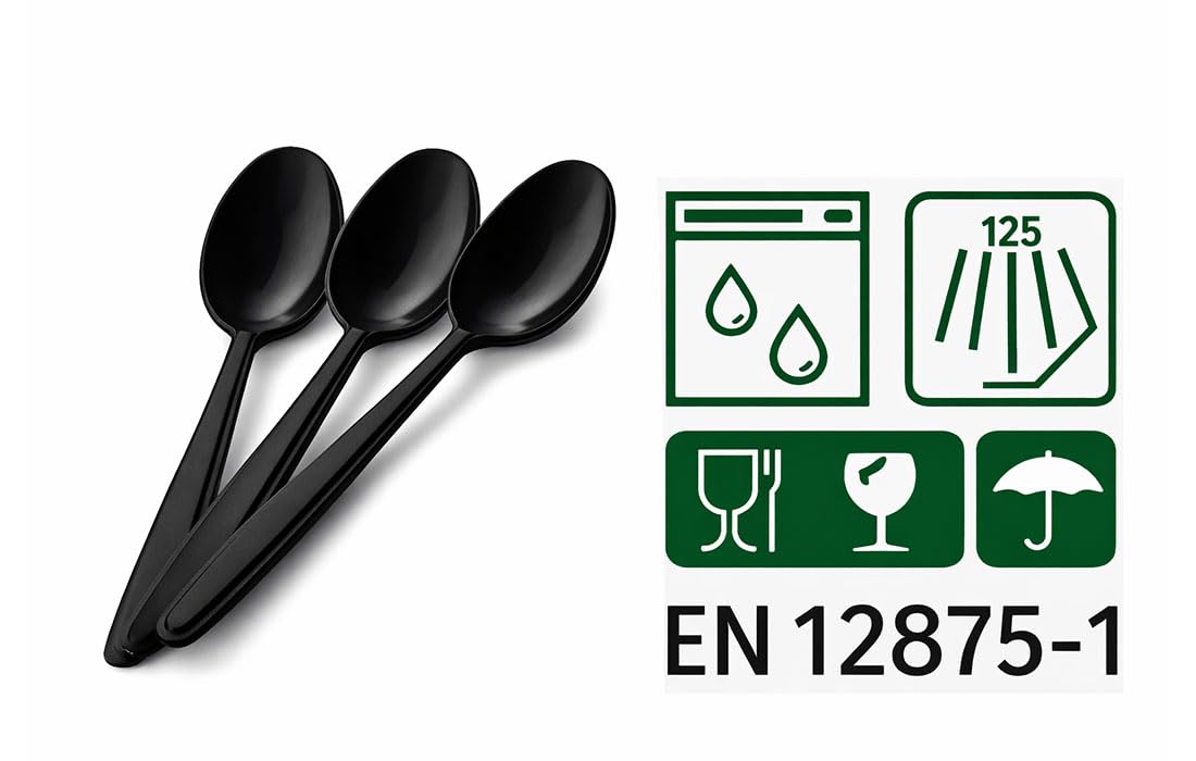 Mehrweg Löffel Schwarz – 100 Stück – Suppenlöffel Spülmaschinengeeignet bis 125 Waschgänge – Wiederverwendbare Löffel für Gastronomie & Catering