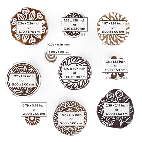 Image of Hashcart | Set of 10 | Round Shape Multi Floral Design baren for Block Printing | Wooden Stamps for Project Designing | Scrapbooking | Project Making | Clay | Pottery Craft