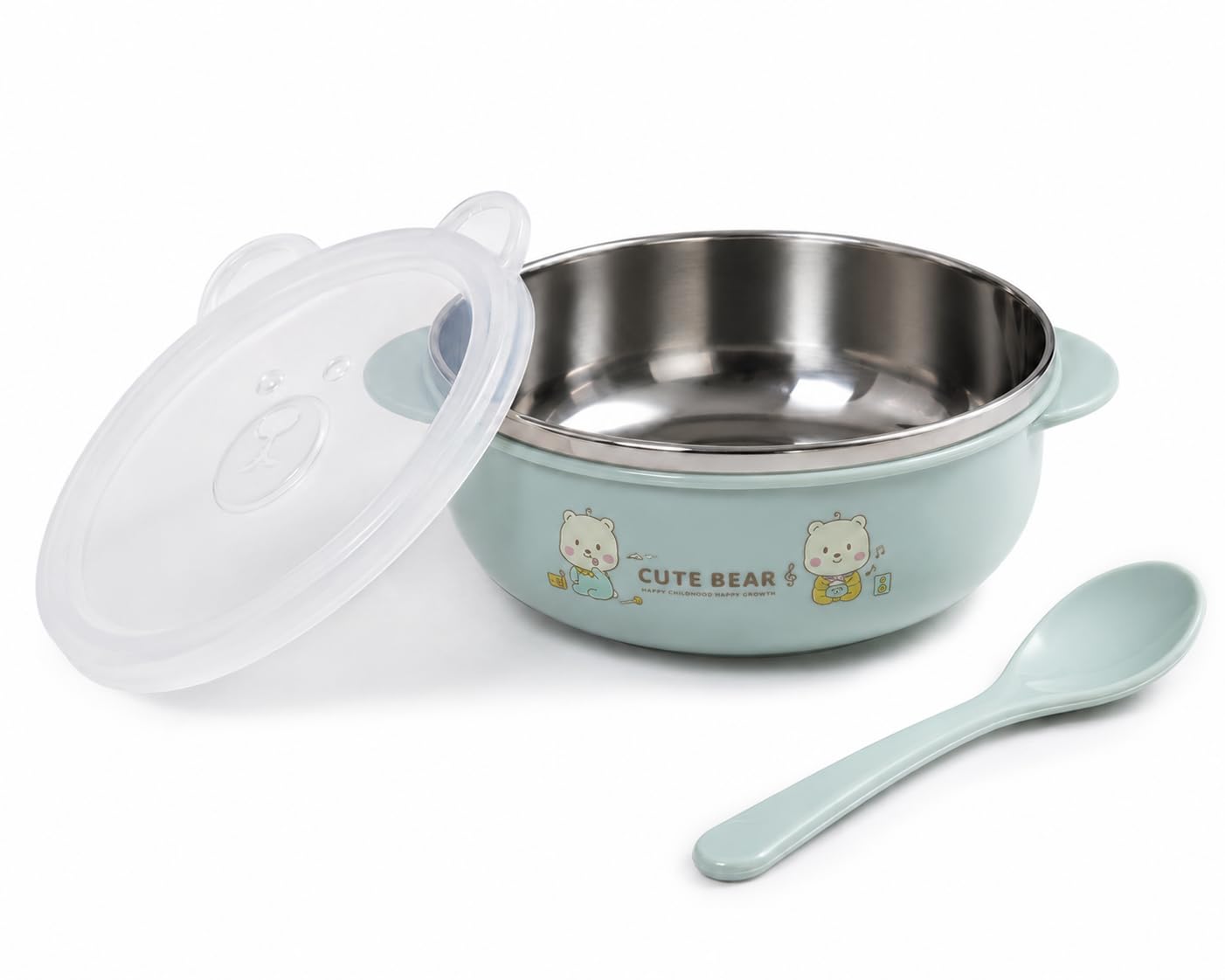 TINSY Bear Shaped Kids Stainless Steel Bowl with Lid & Spoon – BPA-Free Food Grade Feeding Bowl with Plastic Cover, Leakproof, Ideal for Toddlers & Kids (Sage Green)-image-32