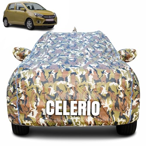 Image of 100% Waterproof Car Body Cover for Maruti Suzuki Celerio (2014-2024) with Mirror Pocket (Heat & UV Resistant, Triple Stitched, Soft Lining, Bottom Elastic & Piping) Camouflage, Military Print