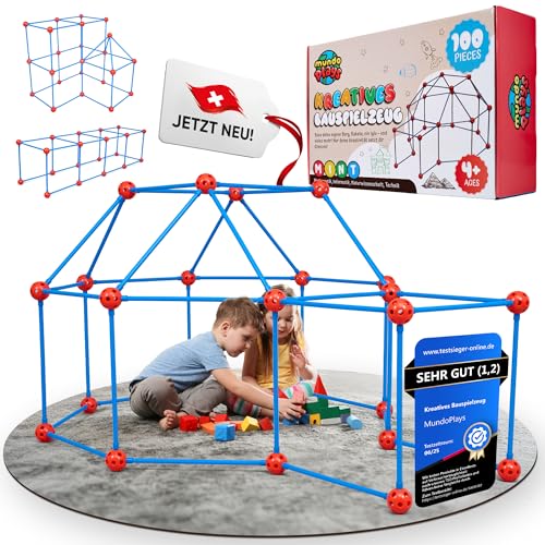 mundo plays Konstruktionsspielzeug/Bauspielzeug für Outdoor und Indoor [Sicher und Stabil] 100 Teile Gartenspielzeug Kinderzelt Indoor Höhle Bauen Kinder kreativ Set für Kinder Kreatives Bauspielzeug