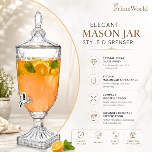 Image of PrimeWorld 1 Pc Glass Water Dispenser with tap 2 Litre Beer Dispenser Storage Mason Jar Beverage Dispenser Glass Pitcher with tap Pitcher for Detox Water, Juice Counter Table Top (Random Design)