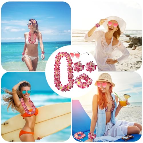 FeiOne 6-Teiliges Set Hawaii Outfit Damen mit Blumenkranz, Blumenhaarband, Blumenarmbandes, Blütenkopfes & Herz Sonnenbrille – Perfekt für Strandpartys, Sommerfeste & Karneval