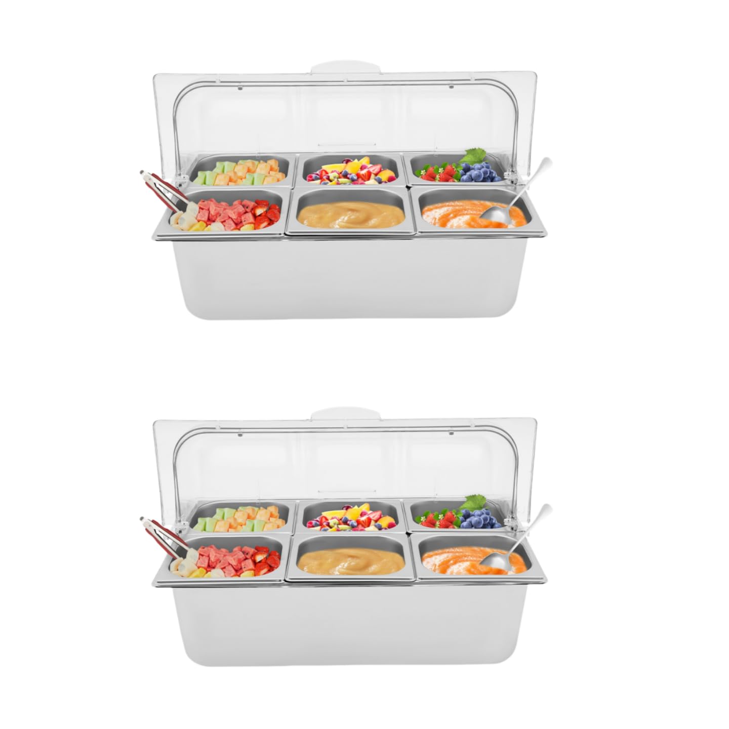 2 Set 6-Pan Commercial Cold Food Buffet Server with 6 Chillable/Warm Trays, Countertop Food Serving Display Container w/Clear Roll Top Cover, Chafing Dish Buffet for Party and Catering