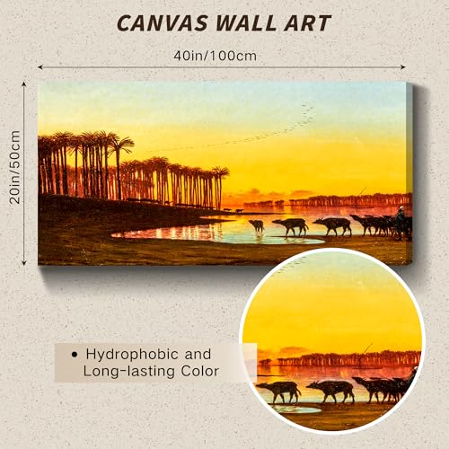 crmotu Landscape Wall Art, Sunrise Wall Art, Large Wall Decor, Dawn on the Nile Vintage Wall Decor, River Buffalo Cattle Canvas Pictures for Living Room Kitchen Hallway Rustic Farmhouse 20"X40"