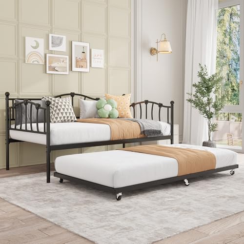 Image of GarveeHome Twin Daybed with Trundle, Metal Sofa Bed Frame with Steel Slat Support, Twin Size Space-Saving Furniture for Living Room, Bedroom, Love Heart Design, No Box Spring Needed, Black | With Steel Slat Support, Twin Size Space-Saving Furniture for Living Room, Bedroom, Love Heart Design, No Box Spring Needed