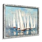 Seascape Framed Painting Wall Art: Abstract Ocean Artwork Coastal Picture Sailboat Prints on Wood in