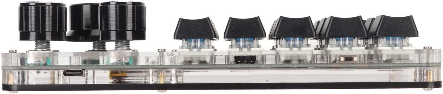 Side view of the keyboard showing the mechanical switches and transparent casing