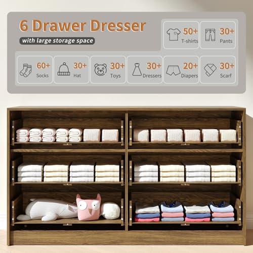 Image of Walnut 6 Drawer Dresser Bedroom,55 inch Wide Fluted Dresser Wood with Gold Handles,Mid Century Wooden Chest of Drawer for Closet,Bedroom,Living Room,Walnut