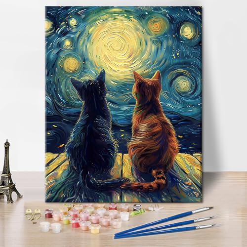 TUMOVO Cat Paint by Number, Two Cats Sit on The Pier Look Starry Sky Adults' Paint-by-Number Kits, Abstraction Paint by Numbers DIY Oil Painting with Brushes and Pigment, 16x20 Inch