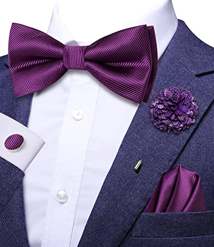 Image of Hi-Tie Mardi Gras Bow Ties for Men Deep Purple Pre-Tied Pocket Square Lapel Pin Cufflinks Mens Bowtie Sets for Wedding Formal Party