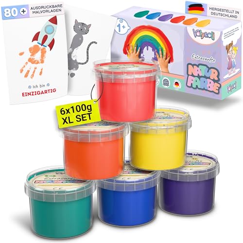 Valy&Oli&reg; Fingerfarben Kinder Ungiftig ab 1 2 3 Jahre [inkl. Malvorlage] Made in Germany - Extrasanft & Unbedenklich - F&ouml;rdert Kreativit&auml;t & Entwicklung - XL Set 6&times;100 g - Klassik