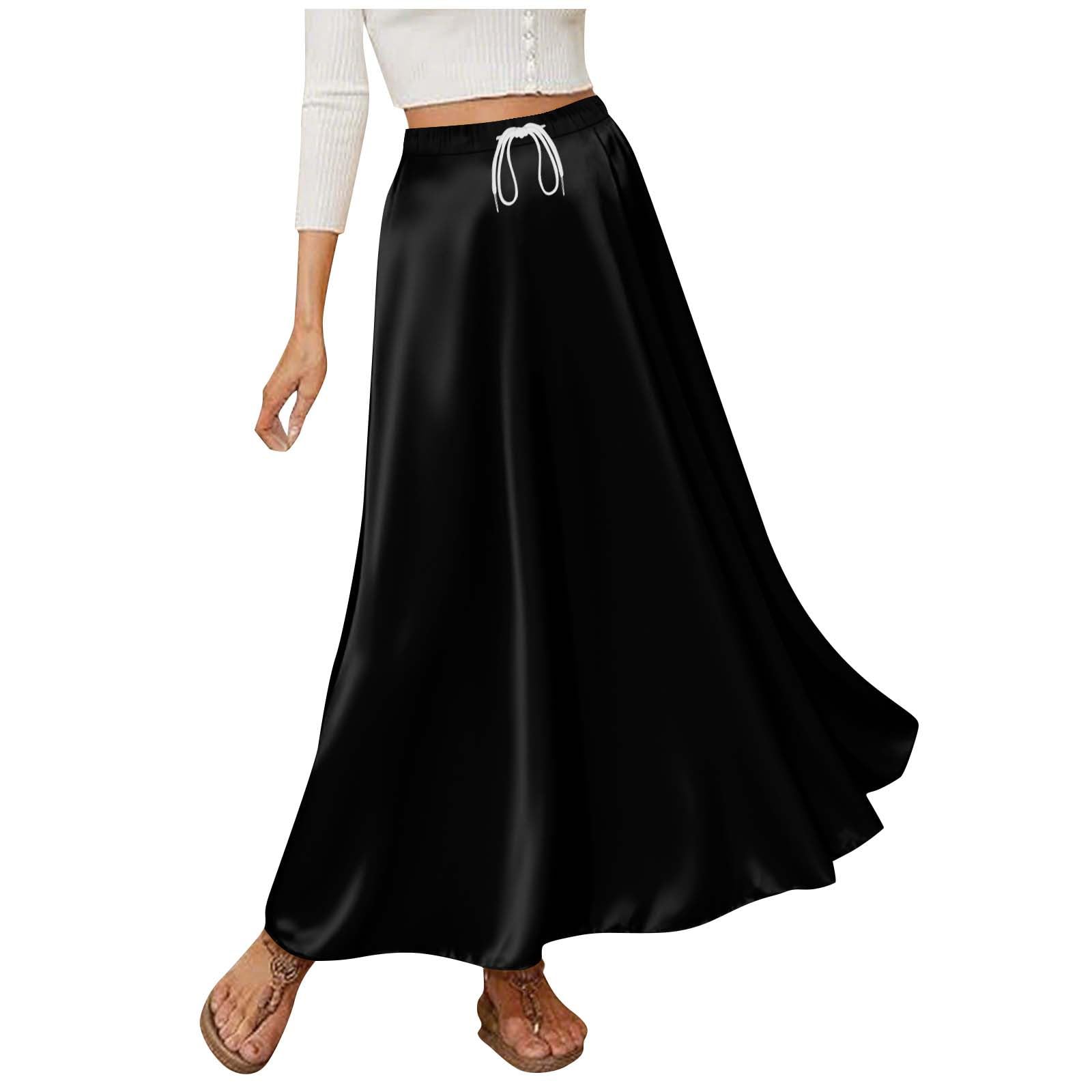 Womens Satin High Waist Skirts Elegant Flared Casual A Line Maxi Skirt Drawstring Silky Solid Color Party Skirts