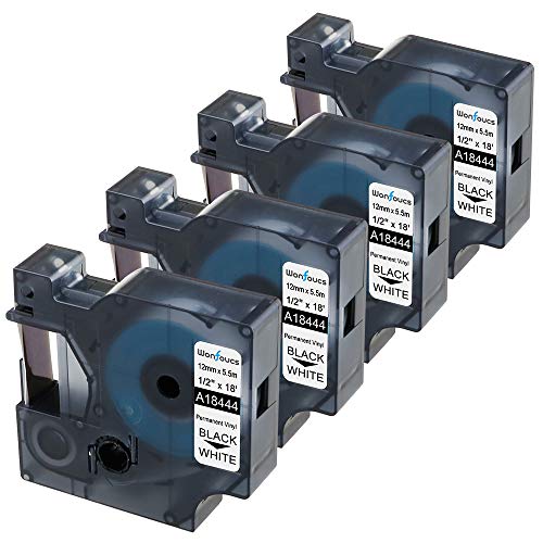 Wonfoucs kompatible Schriftband als Ersatz für Dymo 18444 kompatibel mit Rhino 1000, 3000, 4200, 5000, 5200, 6000, 12mm x 5.5m(Schwarz auf Weiß, 4er-Pack) für Rhino Industrie Vinyletiketten