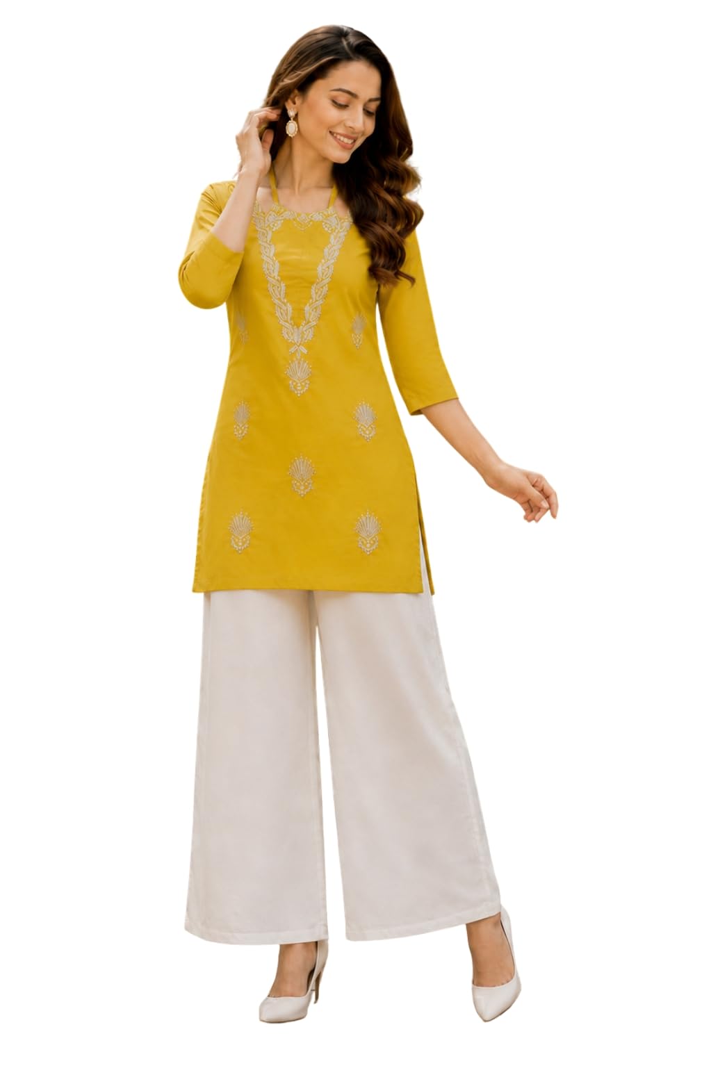 Women's Rayon Chikankari Embroidered Short Kurti | V-Neck | 3/4 Sleeve Casual Ethnic Kurti-picture-14