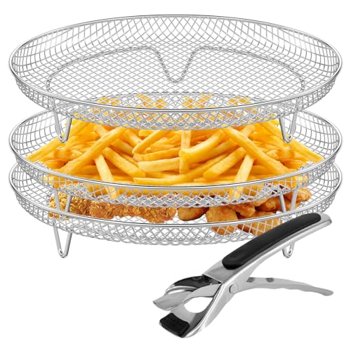 Air Fryer Basket, 7.8inch Round Air Fryer Rack with Clamp, 3 Layer Air Fryer Grill Rack Basket, Stainless Steel Stackable Grill Dehydrator Rack Fit all 4.2QT - 5.8QT Air fryer, Oven, Press Cooker