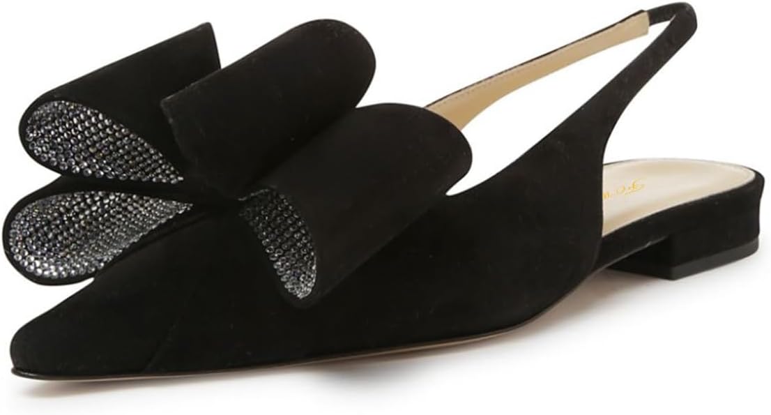 FOWT Women Bow Pointed Toe Pumps Slip on Flat Slingbacks Rhinestone Studs Evening Prom Dating Party Shoes Size 4-16 US