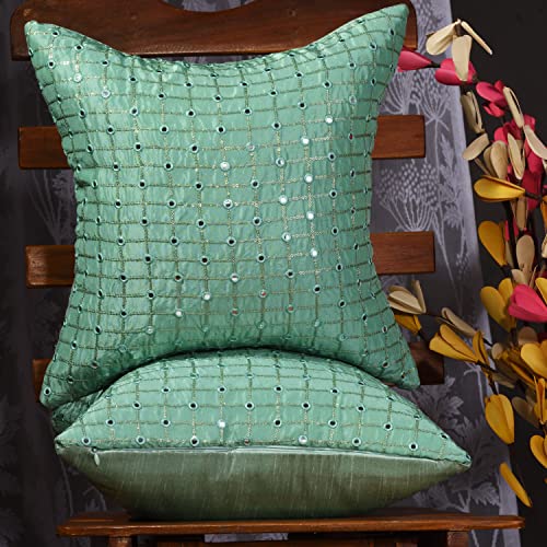 Image of Sea Green Cushion Covers 12x18 Set of 2, Rectangular Fancy Cushion Covers for Sofa, Embroidered Cushion Covers with Mirror Work