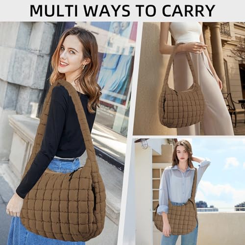 Image of Puffer Quilted Shoulder Bag Large Puffer Tote Bag for Women,Hobo Quilted Tote Bag Crossbody Shoulder Handbags Puff Purse