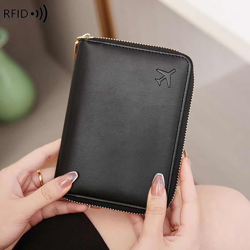 Genuine Leather Wallet Unisex Zipper Passport Holder RFID Blocking Waterproof - Vintage Travel Wallet (Black)3