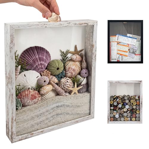 Image of GraduationMall 11x14 Top Loading Shadow Box Frame with HD Glass,Wood Display Case with Slot,1.25 inches Interior Depth,Ideal for Wine Bottle Caps,Tickets,Shells,Stamps and More,White