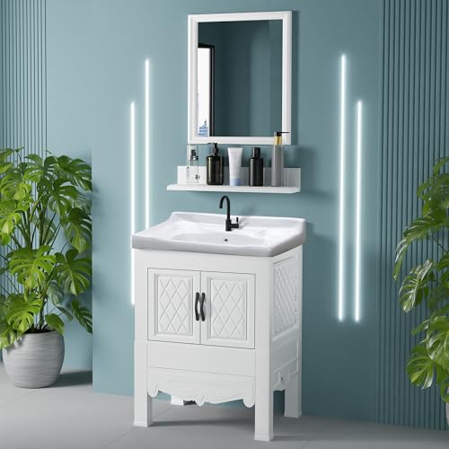 Image of WASSMIST Floor Mounted Bathroom Vanity | Modern Floor Standing Basin Cabinet for Bathroom | Thermoplastic Cabinet (White)