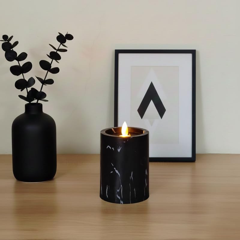 chronos marble noir led moving wick pillar candle for home decor | 4 inch | flameless black marble finish decorative candle | warm light battery operated | safe smokeless candle for diwali wedding
