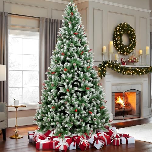 Arvore de Natal, 1.8M Arvore de Nata 850 Galhos, Decoração de Natal, Árvore de Natal com Pinhas, Cerejas e neve, com Base de Metal, (1.8M)