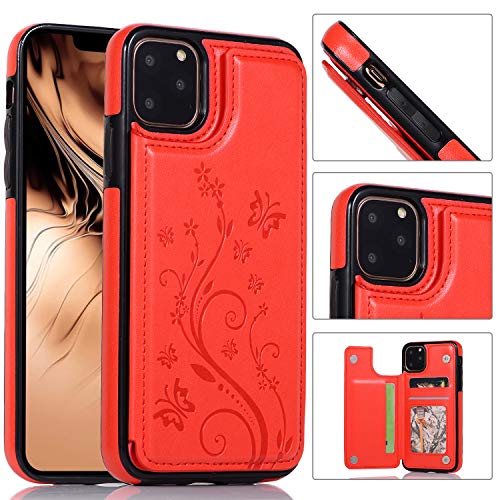 QFUN Back Wallet Case for iphone 11 Pro Max with Stand, Elegant Embossed Design [Butterfly Flower] Lightweight Slim Fit Leather Phone Case with Card Holder Protective Bumper Flip Cover - Red