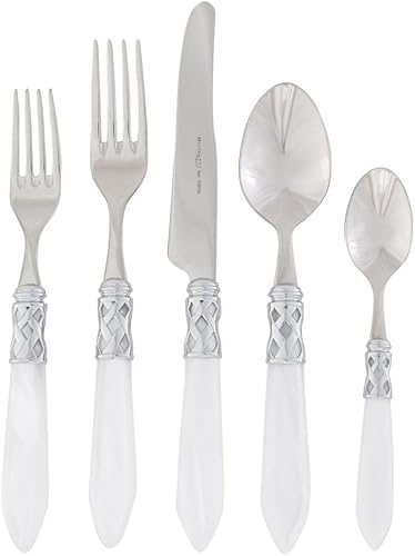 Vietri Aladdin - Cubertería italiana de acero inoxidable 1810 con acabado brillante que incluye cuchillo de colocar, tenedor, cuchara, cucharadita y disponible en Yaxa Costa Rica