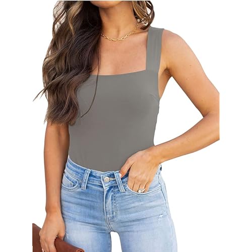REORIA Womens Sexy Square Neck Sleeveless Tank Tops Bodysuits Clubwear
