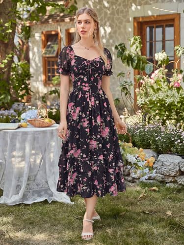 Image of Scarlet Darkness Women Floral Maxi Dress Puff Sleeve Tea Party Corset Dress | Pockets, Ruched Bust, Ruffled Hem, for Cottagecore Fairy Milkmaid Vacation