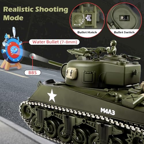 DBshoot 1/18 Metal Tracks M4A3 Sherman RC Tank, 60 Minutes Playing Time, 2.4 GHz Remote Control Tank with Smoke, Sound and LED Light, Recoil Force, Army Toys for Adults and Kids