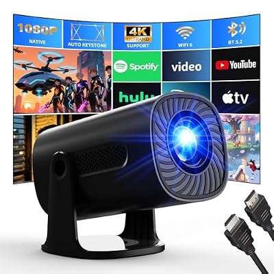 [Built-in Apps & Smart OS] Smart Projector with WiFi and Bluetooth, 1080P FHD 4K Support, Projector with Auto Keystone, Stereo Speaker, Compatible with HDMI/TV Stick/USB, Portable Projector, Black
