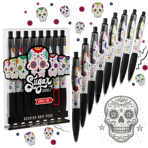 Sugar Skull Smens - Patented Gourmet Scented Pens Black Ink Medium Point - 8 Count