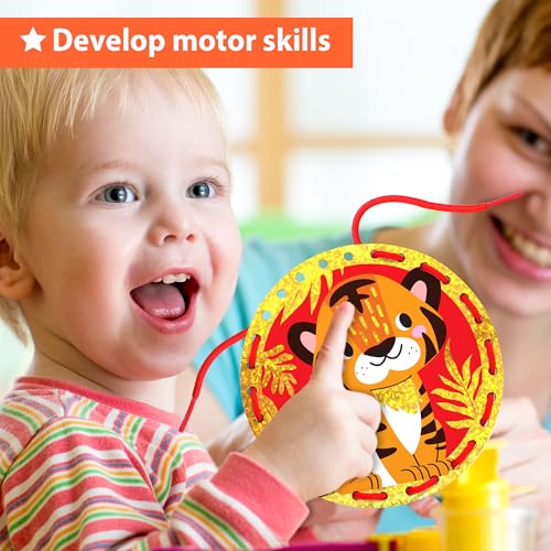 Image of KRAFUN Space & Dino Holographic Lacing Cards Age 3+ |10 Projects | Holographic lacing cards: T-Rex, Astronaut, Rocket, Tiger & Dinosaur. Builds fine motor skills. For boys & girls age 3+
