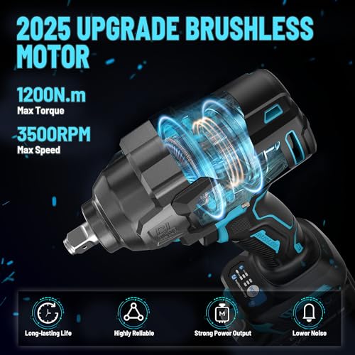 1200N.m (900Ft-lbs) Brushless Impact Wrench, 1/2" Cordless Impact Driver with 2x 4.0Ah Battery, Fast Charger & 5 Sockets, High Torque, Electric Impact Gun for Car/Truck/RV/Mower - Image 3